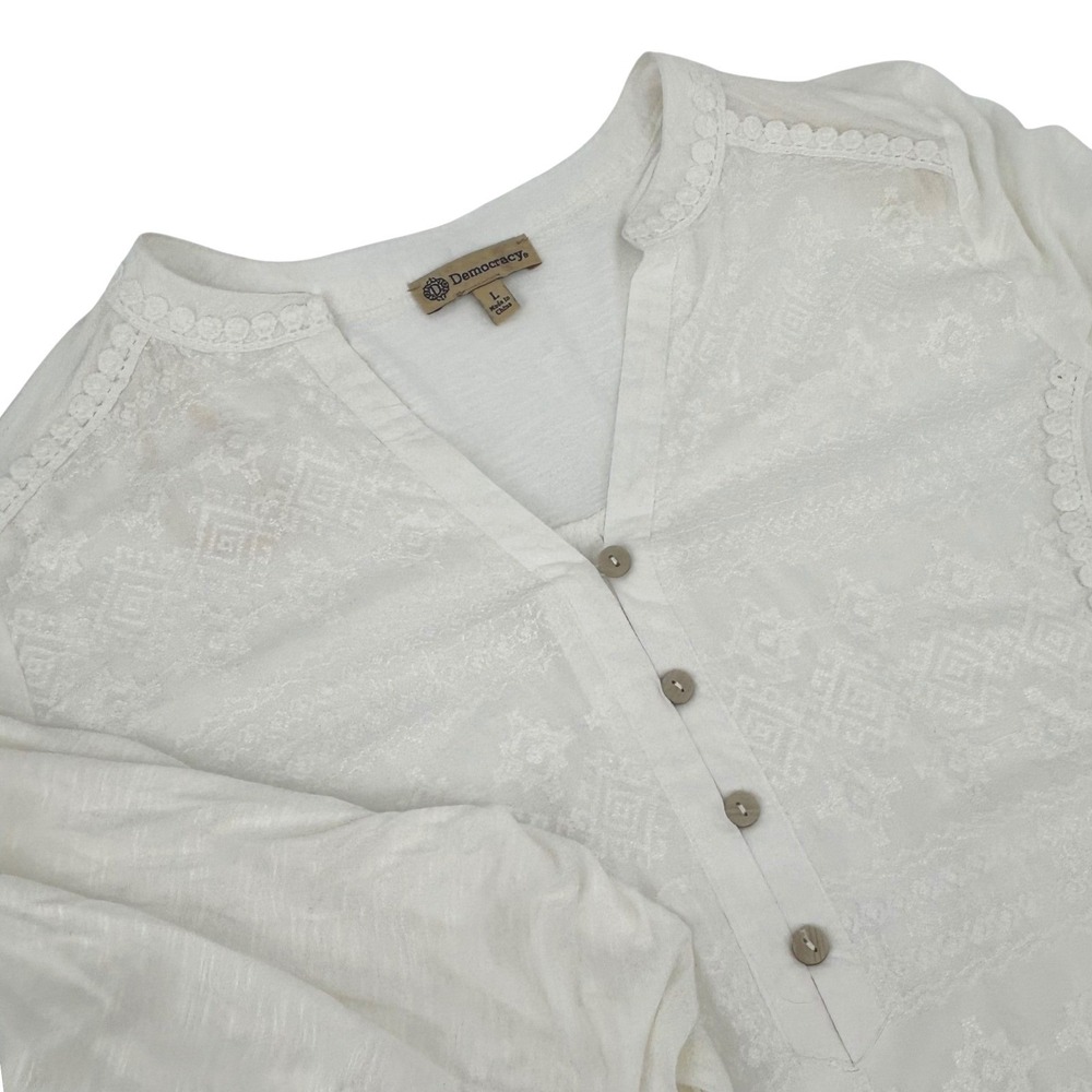 Democracy Womens White Embroidered Roll Tab Sleeve Henley Top SizeL
